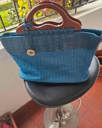 Borsa donna blu  con manici in legno nuova