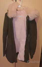 Parka Nuovo Verde Militare con Pelliccia Rosa