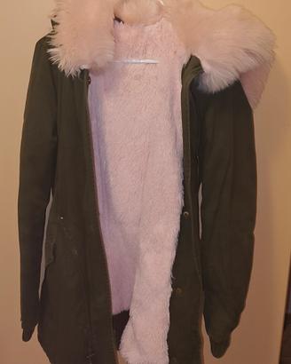 Parka Nuovo Verde Militare con Pelliccia Rosa