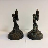 Lampade in bronzo Art Nouveau con figure femminile