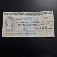 Miniassegno 100 lire 1978 La Banca Provinciale 