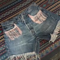 Shorts Donna Denim con Frange Rosa