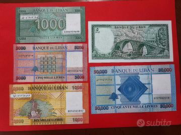 Serie 5 banconote del Libano da collezione Fds