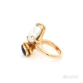Anello perla Tahiti e zaffiro oro giallo