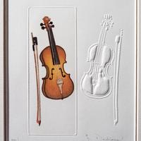 litografia originale a colori violino e archetto.