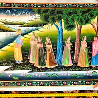 Krishna Con Gopis Religioso Dipinto Su Panno Seta 