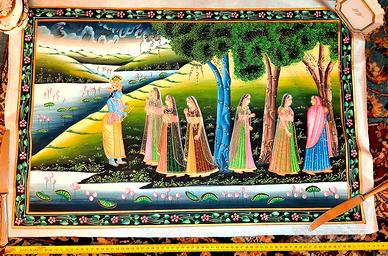 Krishna Con Gopis Religioso Dipinto Su Panno Seta 