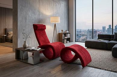Poltrona + Pouf poggiapiedi in velluto rosso 