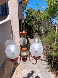 Lampadario a 5 bracci in Ottone e Vetro Satinato