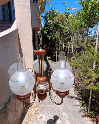 Lampadario a 5 bracci in Ottone e Vetro Satinato
