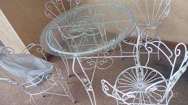 Set da giardino in ferro battuto/vetro tavolo+sedi