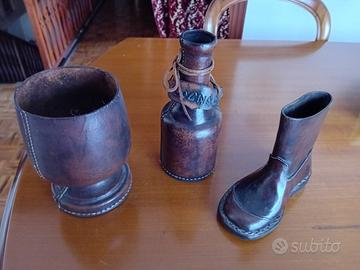 Set 3 oggetti vintage cuoio artigianale