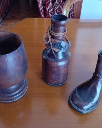 Set 3 oggetti vintage cuoio artigianale