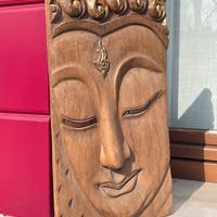 Antica Scultura viso di Buddha intagliata su legno