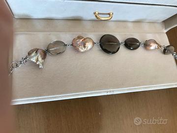 Bracciale argento con Quarzo Fumè e Perle