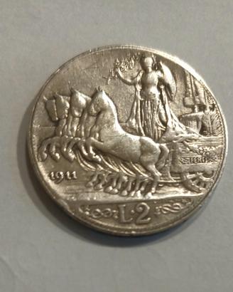Moneta 2 lire 1911  Quadriga Argento. Molto rara