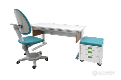 Scrivania regolabile e sedia e cassettiera
