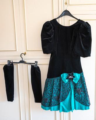 Abito vintage elegante in velluto nero e turchese