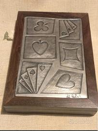 Scatola carte legno argento anni '70

