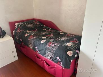 Letto singolo in ecopelle con cassettoni