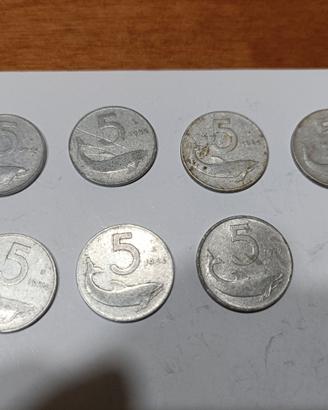 lotto 7 monete da 5 Lire