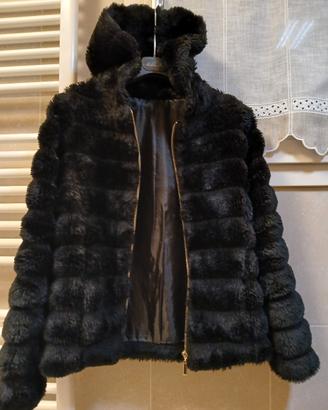 Pelliccia ecologica nera tg 42 con cappuccio 