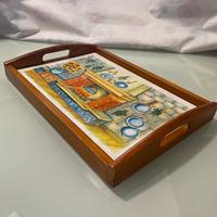 Vassoio vintage in legno con base in ceramica