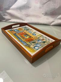 Vassoio vintage in legno con base in ceramica