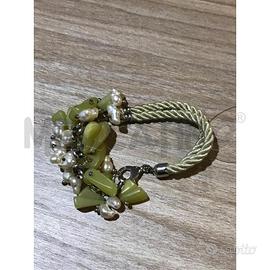 BRACCIALE ARG. TESSUTO PIETRA GIALLO VERDE PERLE