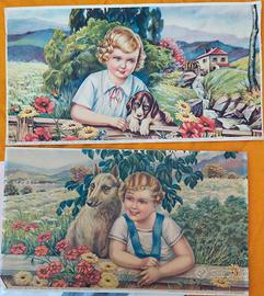 Coppia di stampe vintage bambini con cane 