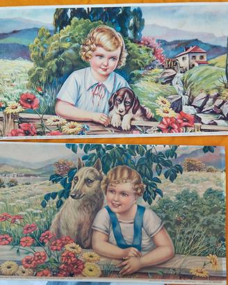 Coppia di stampe vintage bambini con cane 