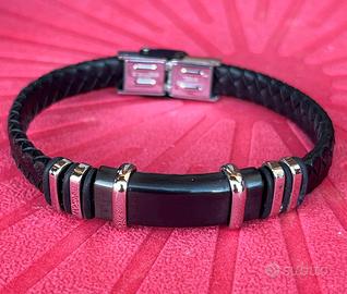 Bracciale uomo  pelle nera e acciaio inox-Stroili