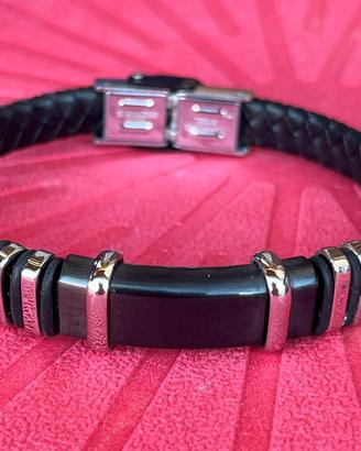 Bracciale uomo  pelle nera e acciaio inox-Stroili