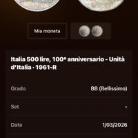 Moneta 500 lire unità d’Italia 100º ann