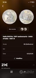 Moneta 500 lire unità d’Italia 100º ann