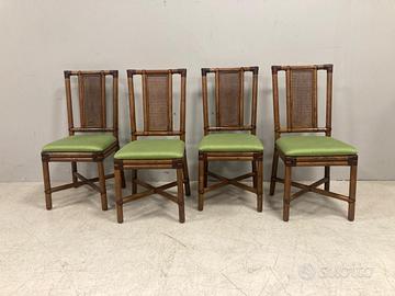 4 SEDIE RATTAN TESSUTO VERDE STILE SMANIA 70s