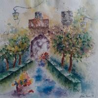 Quadro dipinto acquerello portone paesaggio