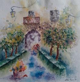 Quadro dipinto acquerello portone paesaggio