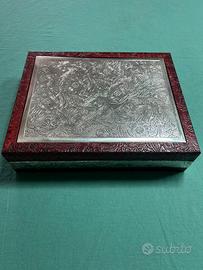 Cofanetto carte e fiches legno e argento