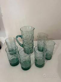 Set da Bibita Vintage in Vetro Verde Goffrato