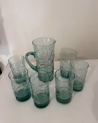 Set da Bibita Vintage in Vetro Verde Goffrato