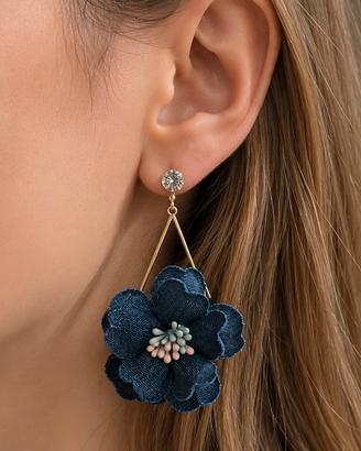 Orecchini pendenti fiori in jeans blu e strass
