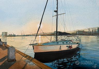 Quadro acquerello barca tramonto