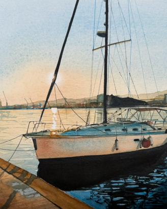 Quadro acquerello barca tramonto