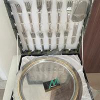 Posate e vassoio da dolce acciaio inox + oro 24k