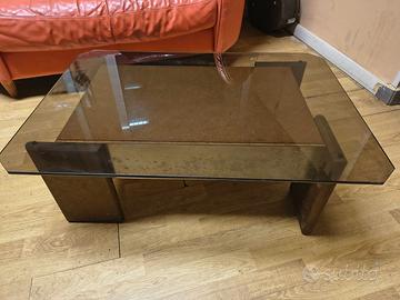 Tavolino da salotto vintage in vetro fumé e legno