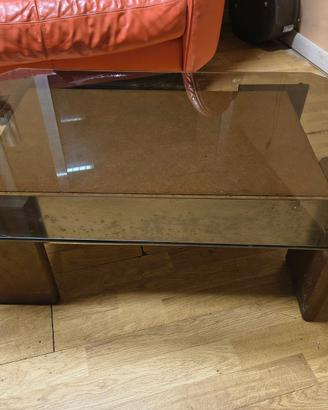 Tavolino da salotto vintage in vetro fumé e legno
