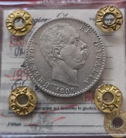 Regno Umberto I,2 lire 1898 rara,ag,perizia bb+