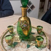Set Liquore Vintage in Vetro di Murano Verde e Oro