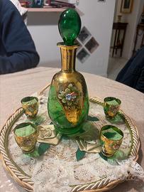 Set Liquore Vintage in Vetro di Murano Verde e Oro